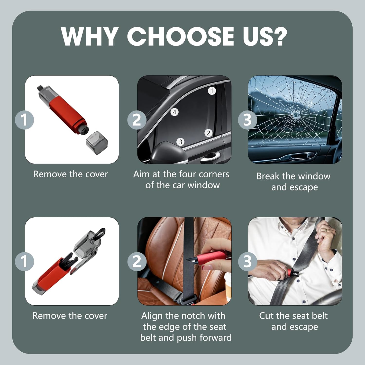 6 PCS Window Breaker Seatbelt Cutter Car Safety Hammer, 2-in-1 Glass Breaker and Seat Belt Cutter with Test Glass, Underwater Emergency Escape Tool for All Vehicles (Red & Grey)