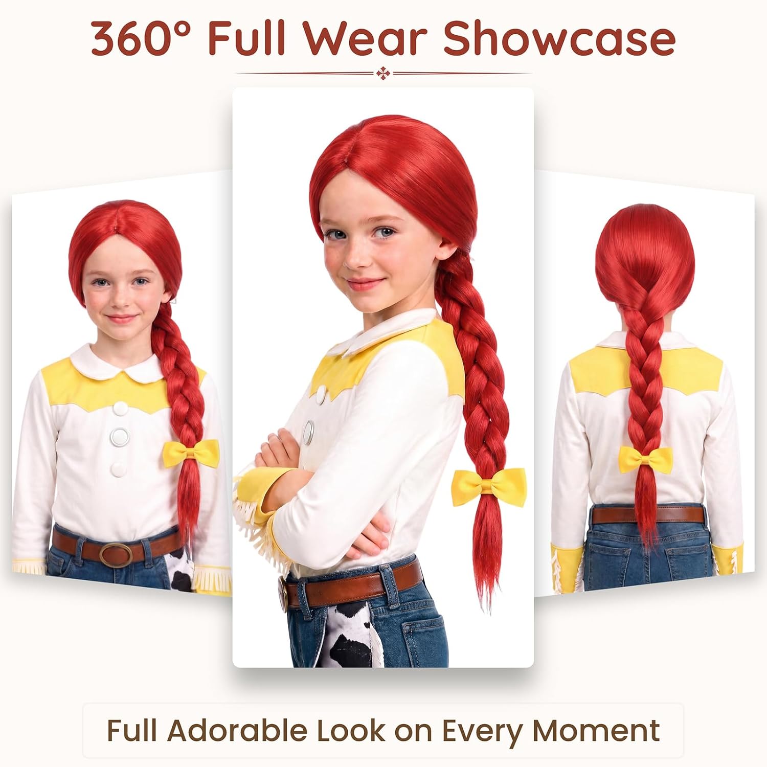 Kids Girls Long Red Braided Costume Wig with Yellow Bow for Cowgirl Cosplay