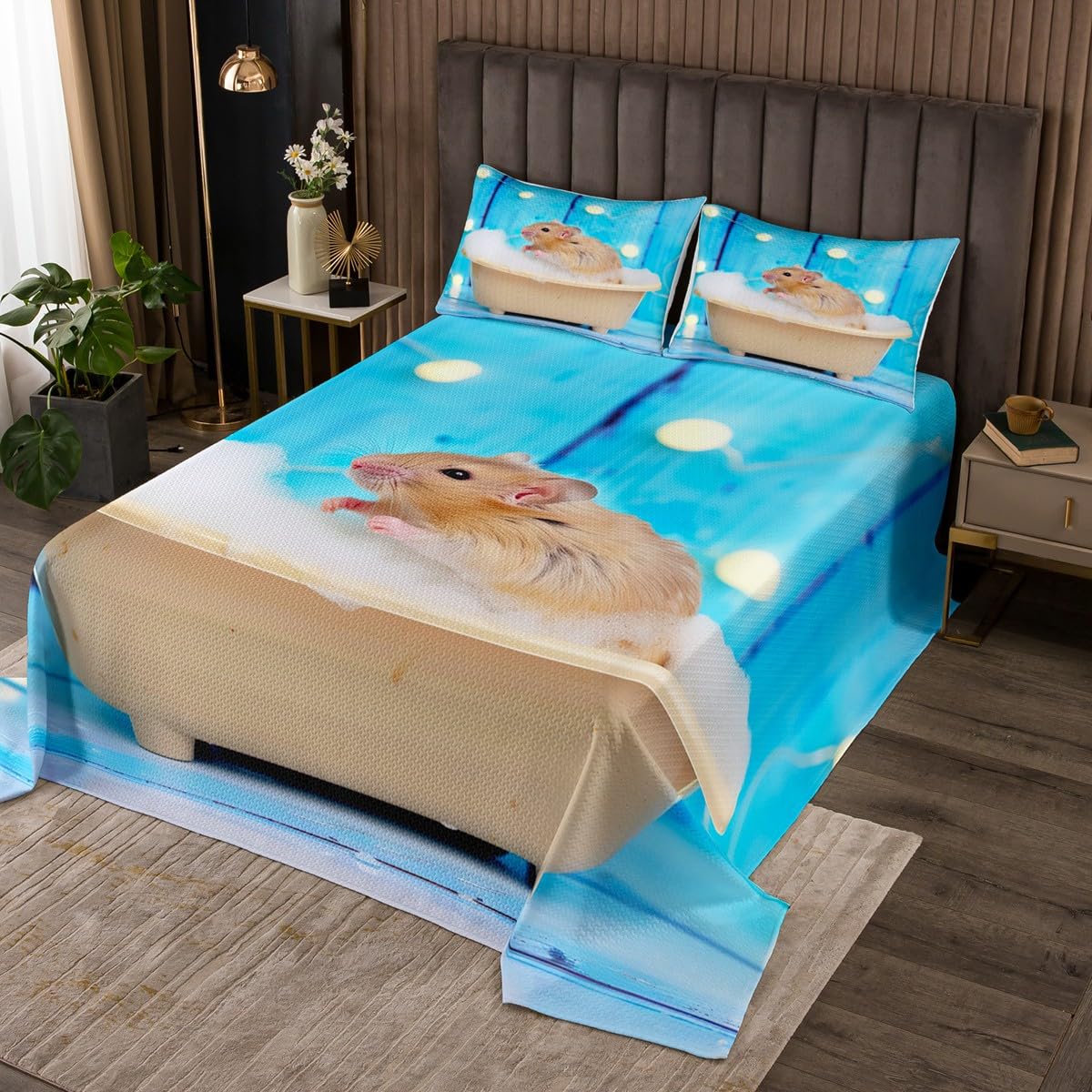 Erosebridal Kids Rat Bedspread Twin Wild Animal Print Quilted for Boys Girls Bedroom,3D Mouse in The Bathtub Coverlet Set Cartoon Wildlife Quilt Set with 1 Pillow Case Blue