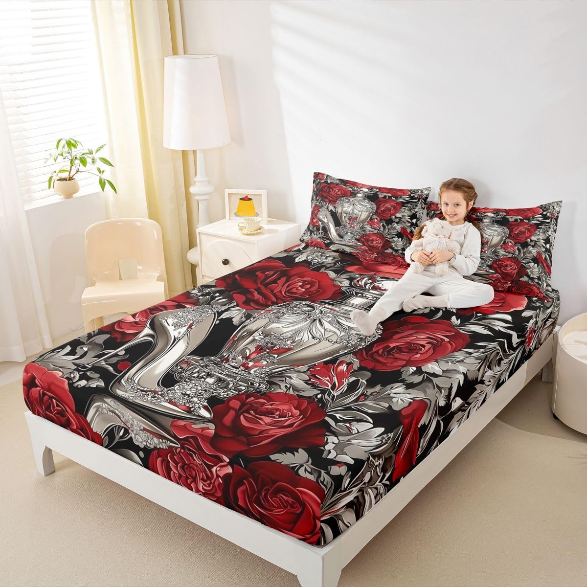 Erosebridal Fashion Floral Bed Sheets Full for Women - Romantic Chic Red Rose Fitted Sheet Silver Crystal Perfume High Heels Bedding Set,Vintage Baroque Aesthetic Bed Cover 3 Pcs