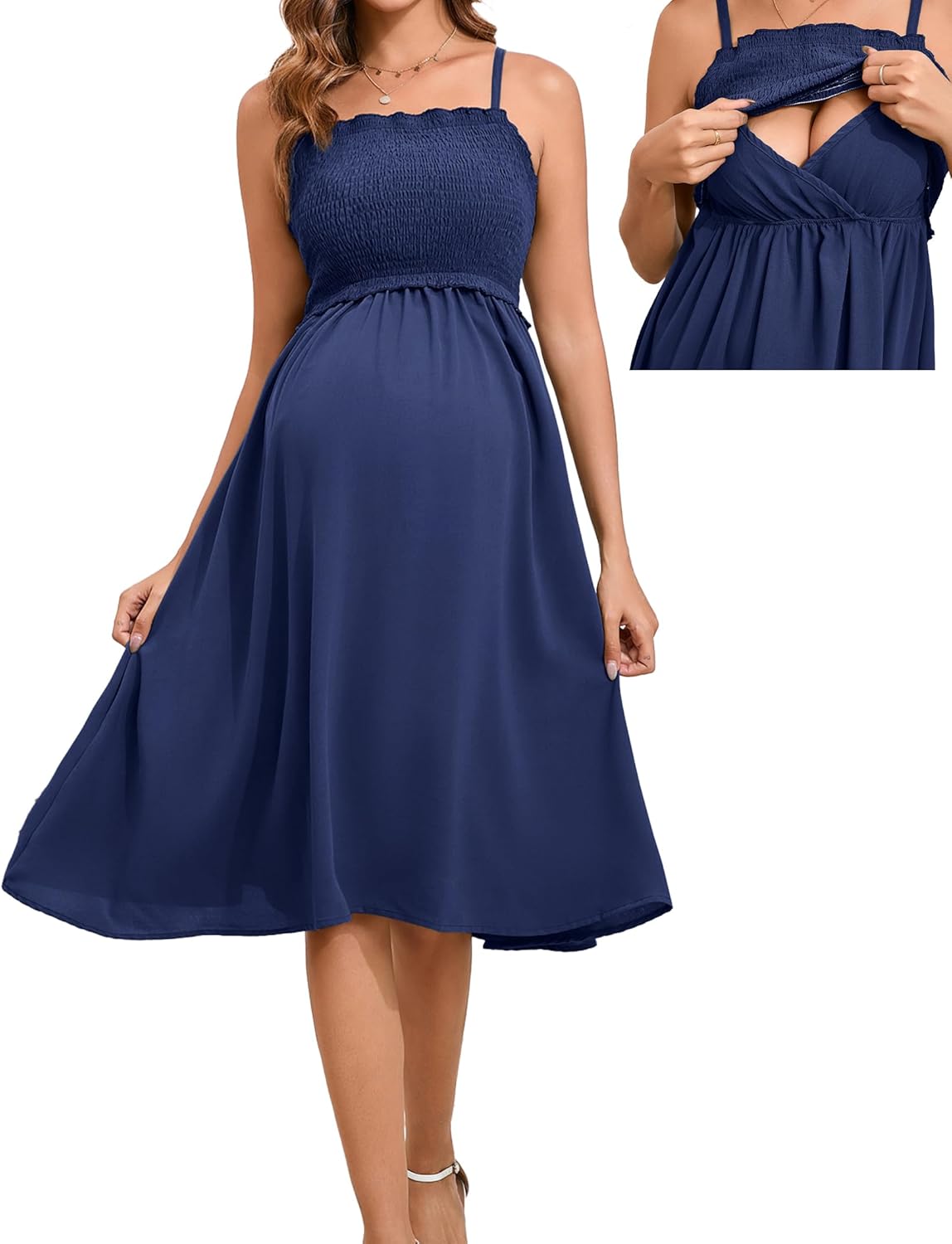 Women's Maternity Nursing Dress Smocked Midi Maxi Dress Adjustable Spaghetti Strap Square Neck Maternity Clothes