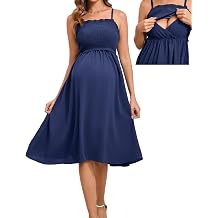 Womens Maternity Nursing Dress Smocked Midi Maxi Dress Adjustable Spaghetti Strap Square Neck Maternity Clothes