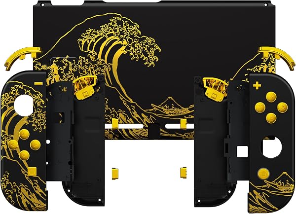 eXtremeRate Coque Remplacement avec Boutons Complete pour Nintendo Switch, Etui pour Switch Console Joycons-The Great Golden Wave Off Kanagawa Noir - 3