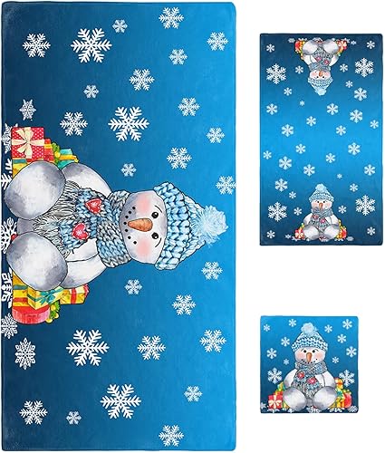 Edwiinsa Blue Snowman Bath Towels 3 Pack, Christmas Winter Snowflake Watercolor Soft Plush Microfiber Large Bathroom Towel Hand Towel Washcloths