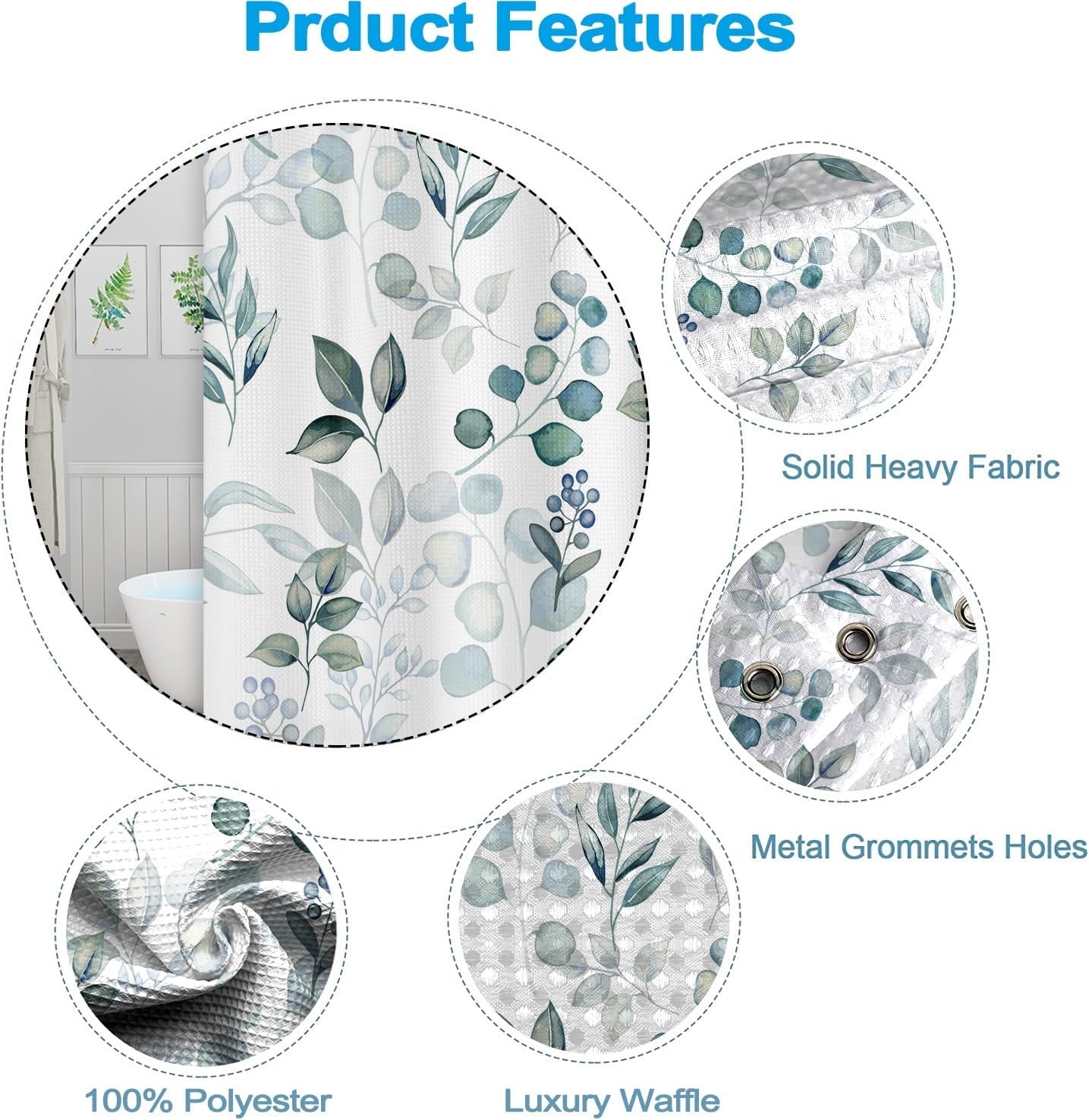 Leaves Shower Curtain, Blue Green Waffle Shower Curtains 72x78inches Watercolor Eucalyptus Leaves Waterproof Fabric Shower Curtain Set with Hooks