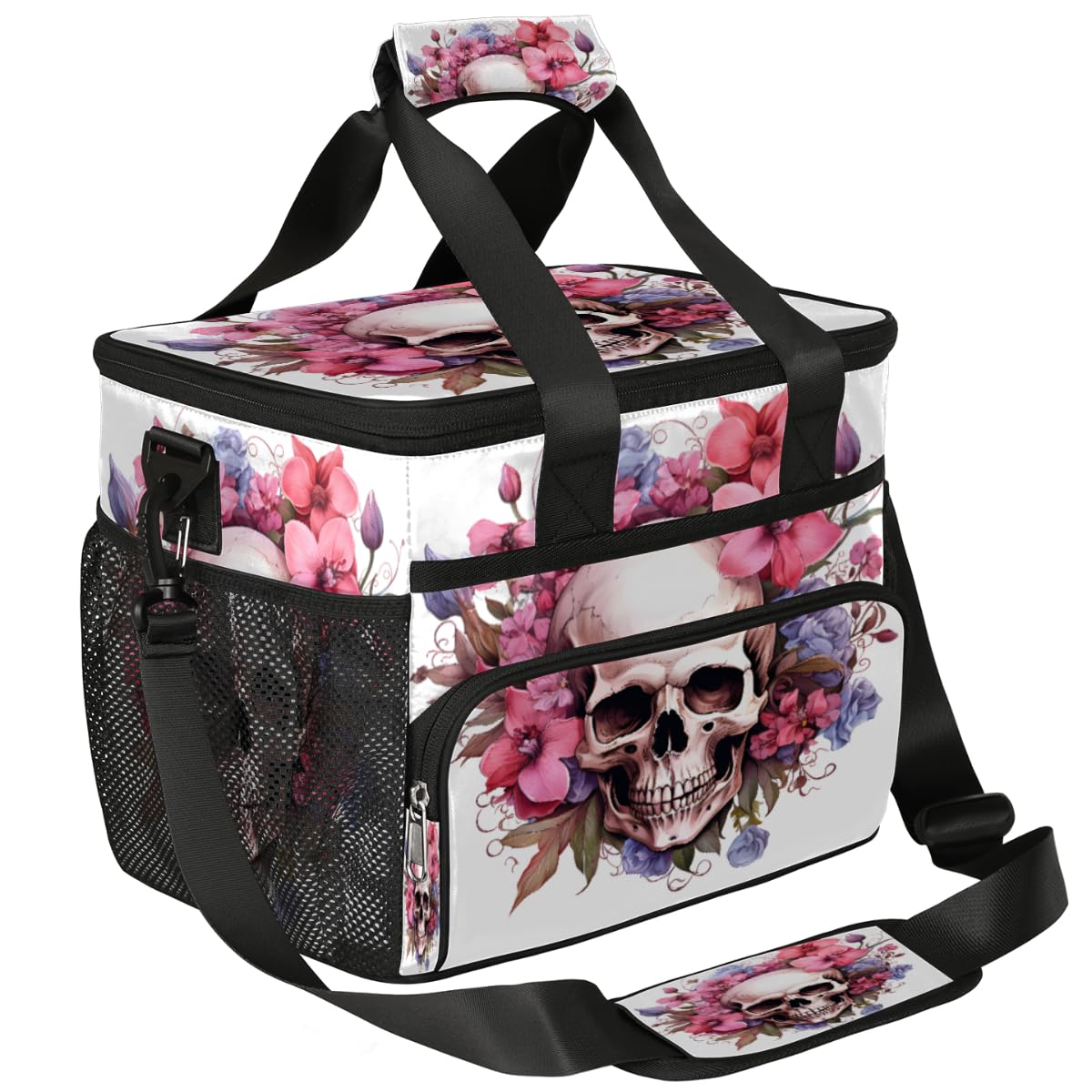Skull Insulated Picnic Backpack Lunch Box for Women Men Picnic Basket Tote Lunch Bag Picnic Bag Portable Lunch Bags for Picnic, Beach, Work, Trip,Office, Camp Skull Flowers