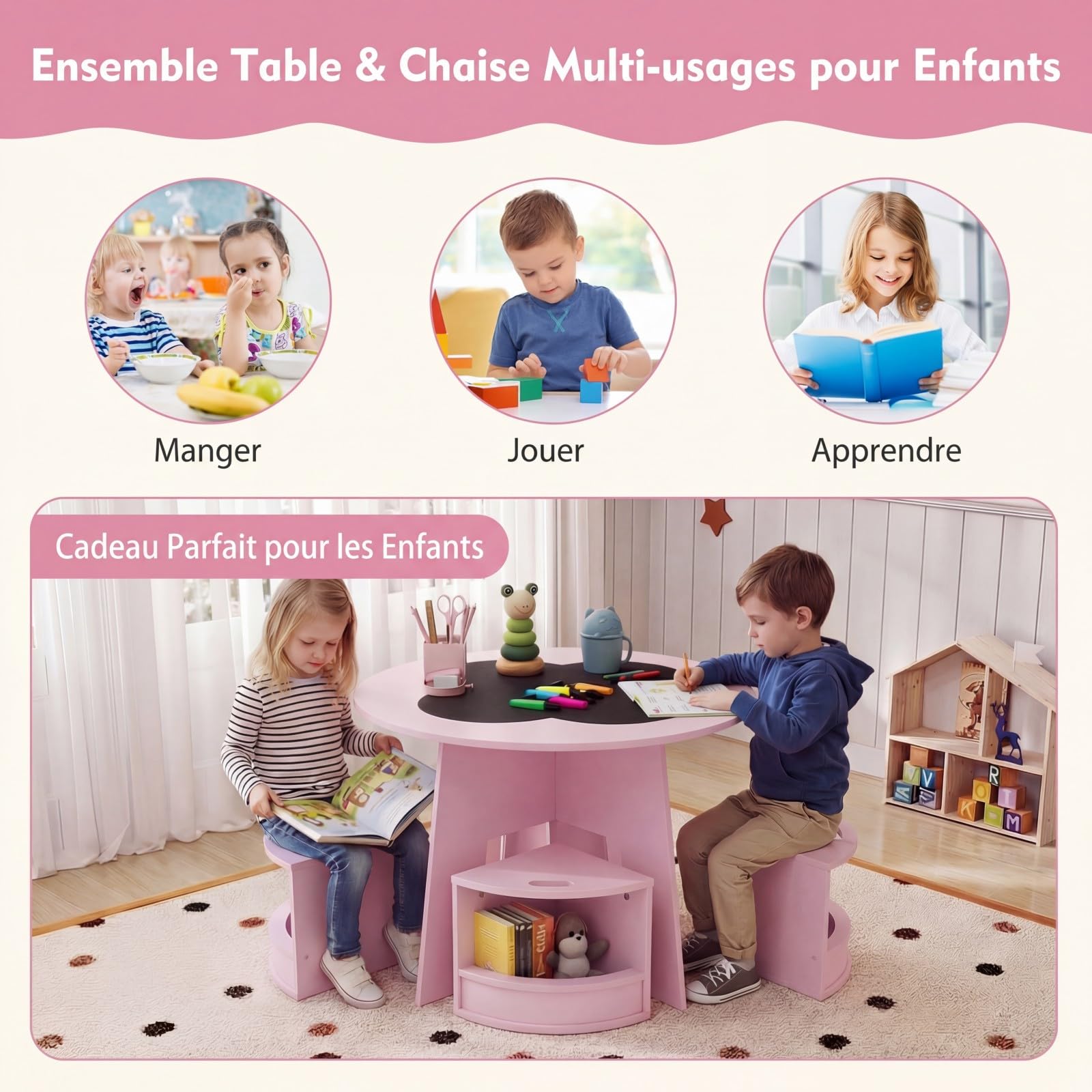 COSTWAY Table Enfant avec 4 Chaises Empilables, Table et Chaises Montessori en Forme Fleur, Espace de Rangment Intégré, Bureau Ronde pour Salle de Jeux Chambre d'enfant, Charge 30kg pour 3 Ans+ (Rose)