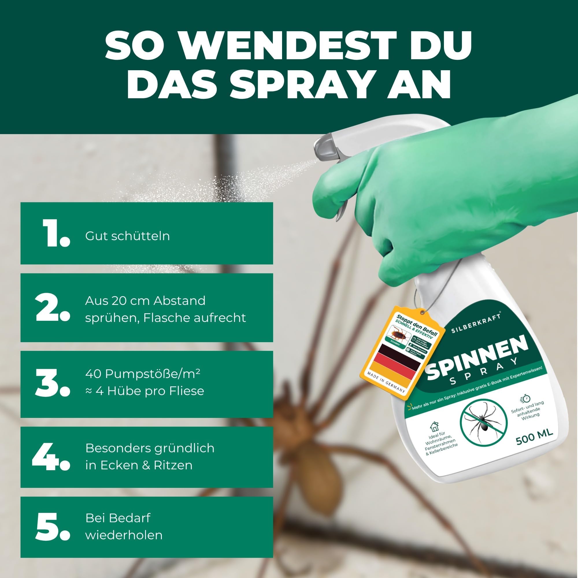 Silberkraft Spinnenspray 500 ml - Hochwirksames Spinnenabwehr-Mittel mit Sofortwirkung gegen Spinnen - Anti-Spinnenspray für Innen & Außen - Spinnen dauerhaft vertreiben - laborgeprüft