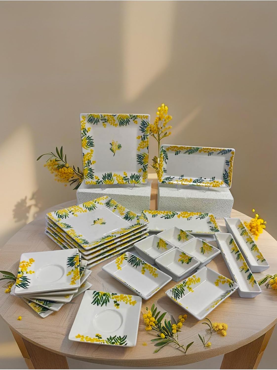 Breakfast Set 22 Piece Service for 6 People Mimosa Design Ceramic Serving Plates Yellow Color - Yellow, One Size