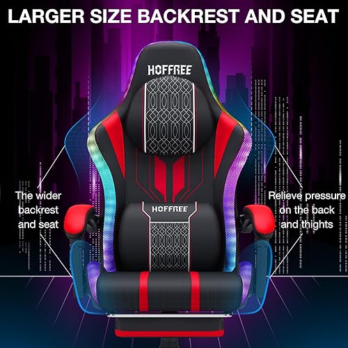 Miniatura 6 de HOFFREE Silla LED para juegos con altavoces y masaje, silla de videojuegos grande y alta para 400 libras con reposapiés reclinable, respaldo alto,