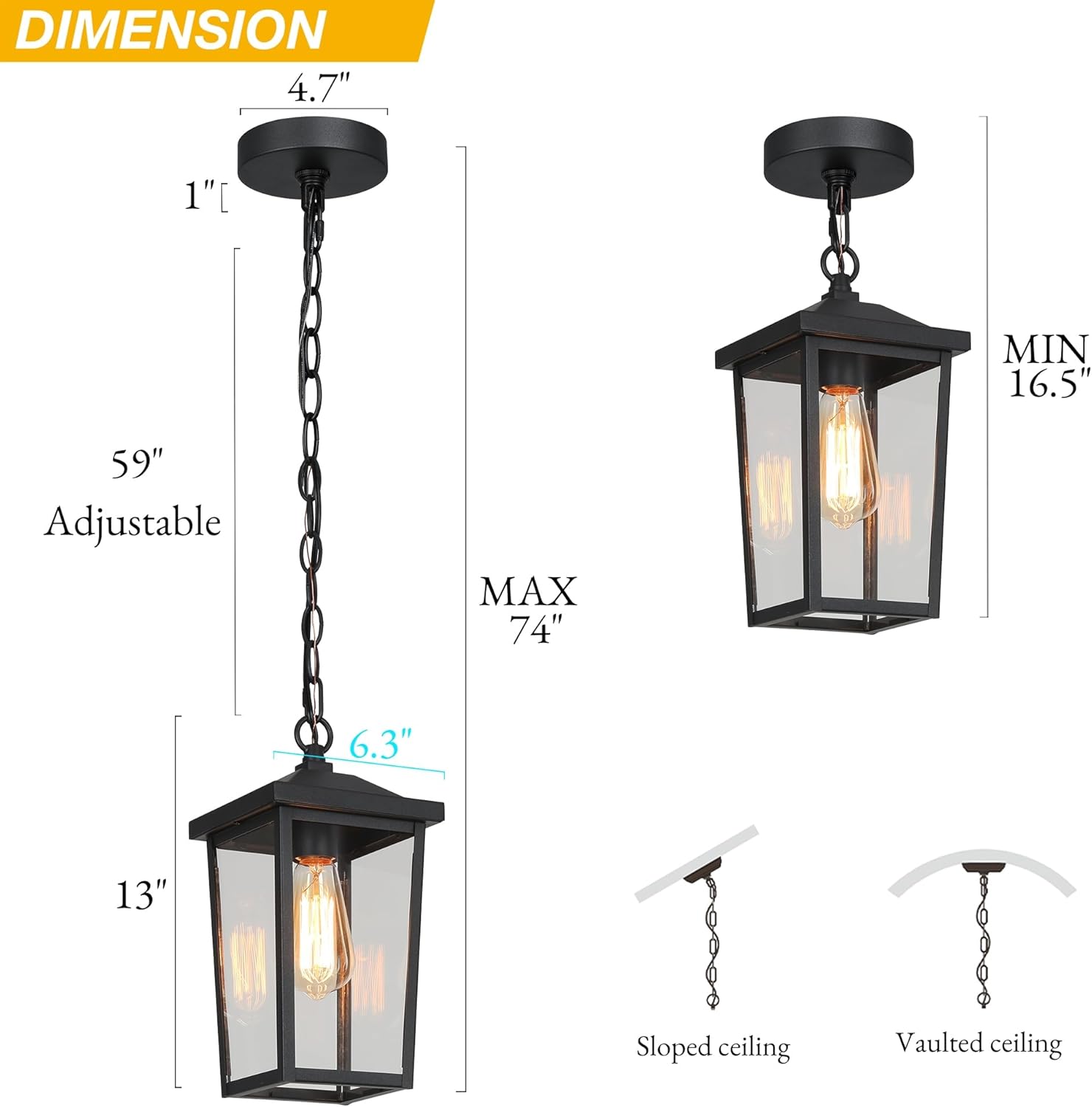 LALUZ Outdoor Pendant Light, Weather-Resistant Hanging Lantern Light with Clear Glass, Modern Farmhouse Exterior Lighting for Porch, Gazebo, Entryway, Patio