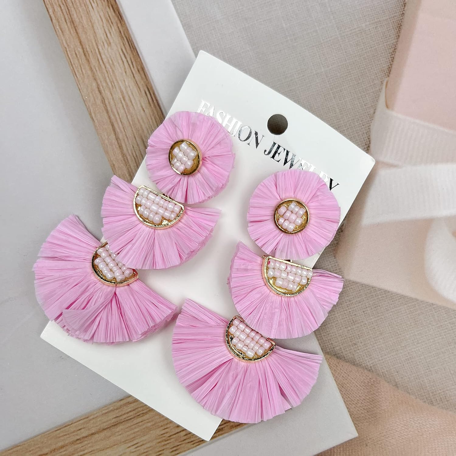 Statement Earrings Beaded Raffia Palm Bohemian Drop Dangle Earrings for women - Image 4