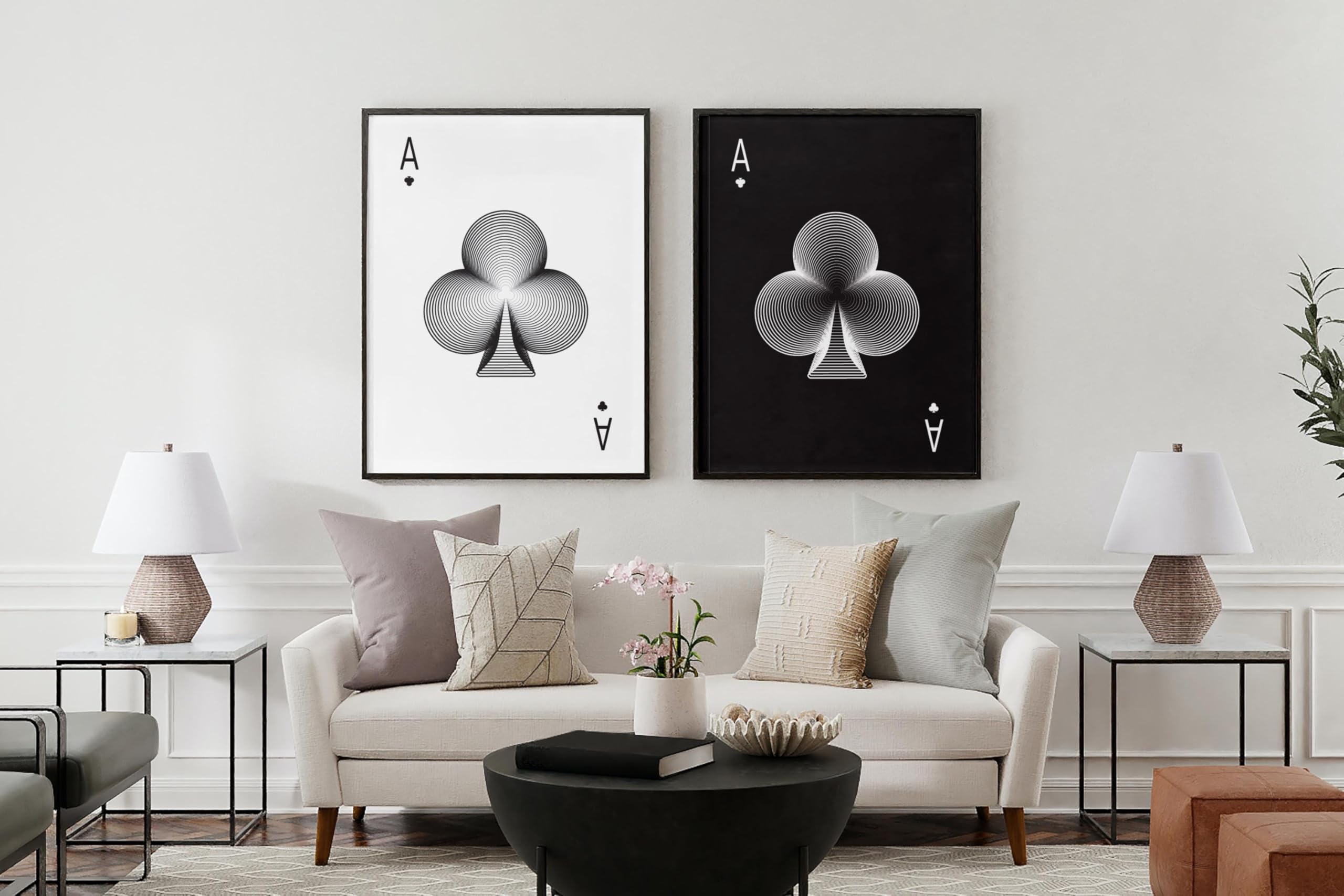 TONGYINLI Koniczyna as minimalistyczny obraz na płótnie czarno-biały plakat z kartami do gry - abstrakcyjna sztuka ścienna koniczyna dekoracja domu (20 x 30 cm x 2 cm/rama wewnętrzna)