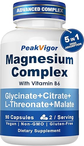 Complejo de magnesio 5 en 1, complejo de 976 mg con glicinato de magnesio, citrato, malato y L-treonato, vitamina B6 para alta absorción, probado
