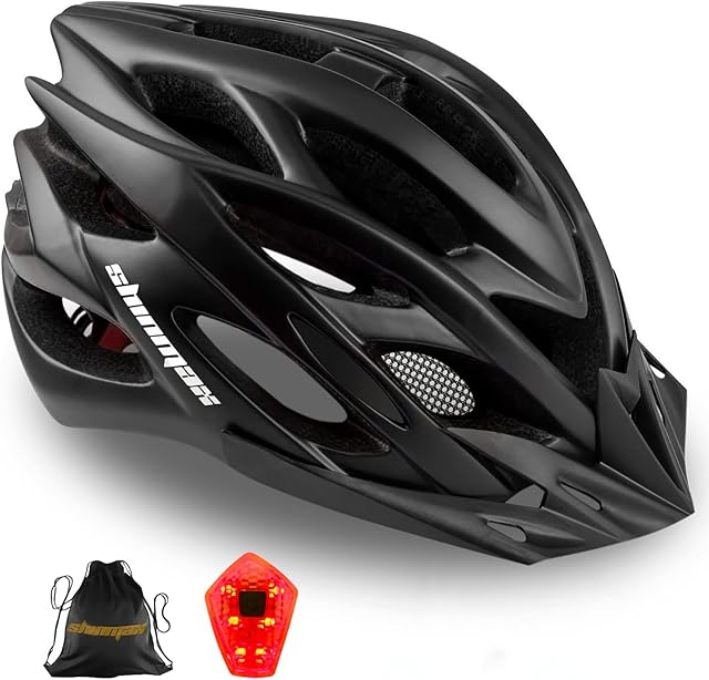 Shinmax Bicycle Helmet with Safety LED Light, CE Certified Bike Helmet Adjustable Mountain & Road Cycle Helmet for Men Women Adult Cycling Helmet with Detachable Visor Backpack Lightweight MTB Helmet