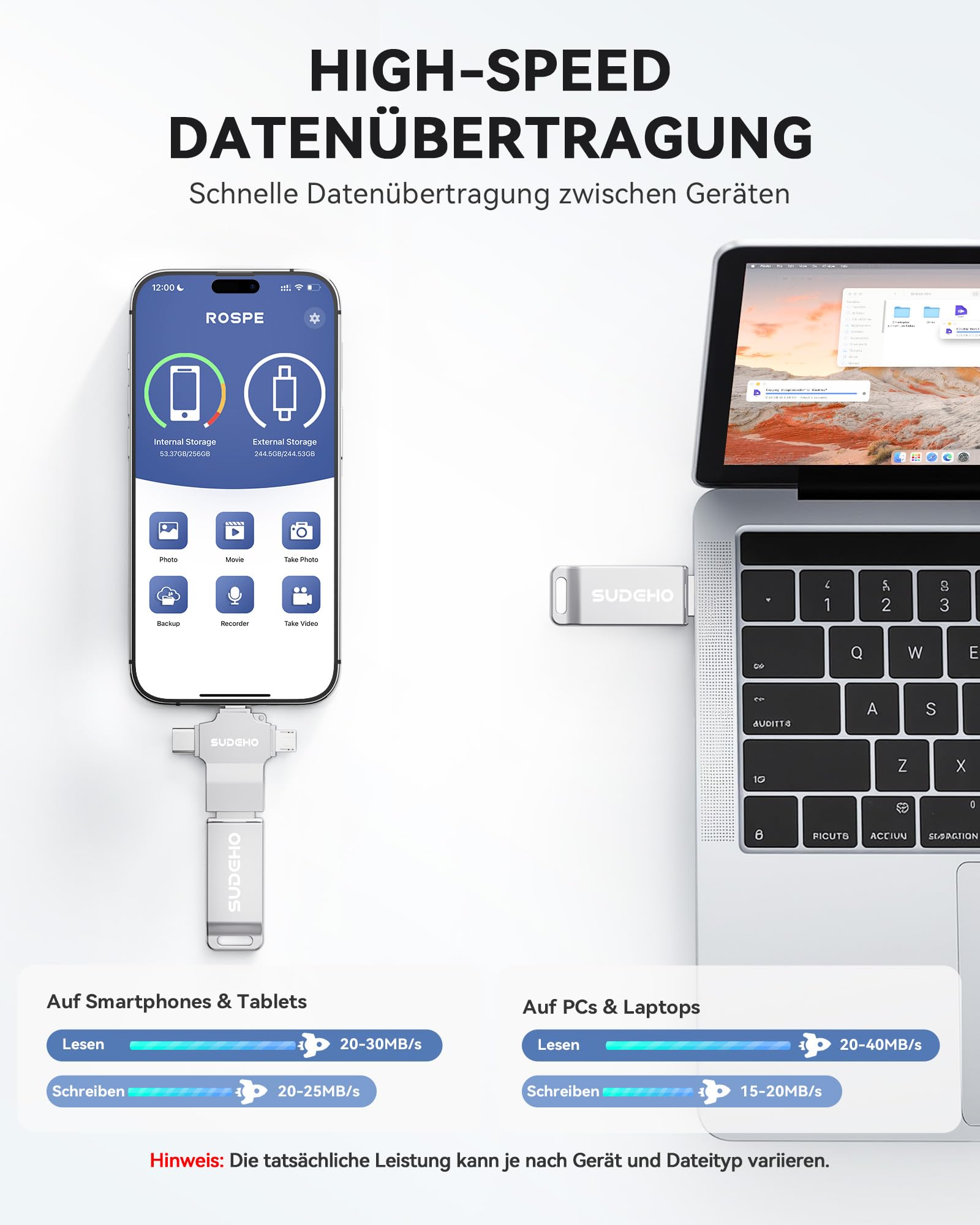 SUDEHO MFi USB Stick 256GB für iPhone, 4-in-1 Metall-Speicherstick, Silber | Flash-Laufwerk mit USB 3.0 High-Speed, für iPad, Android, PC, Mac, Backup von Fotos, Videos, Musik, Plug und Play