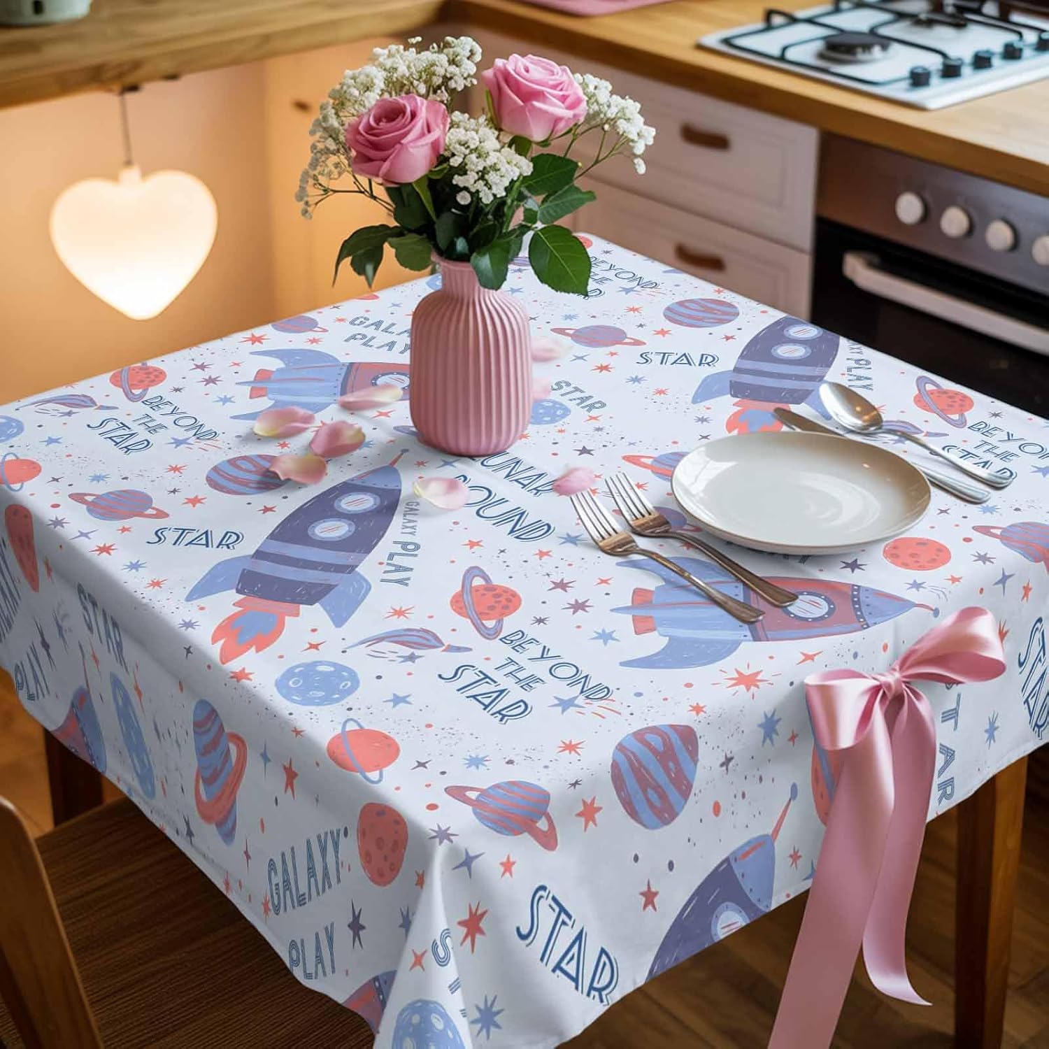 Children's Day Waterproof Table Cloth Funny Universe Rocket Planet Star Light Blue Waterproof & Wrinkle Table Cover, Washable Polyester Soft Fabric Table Cloth for Outdoor Indoor Parties
