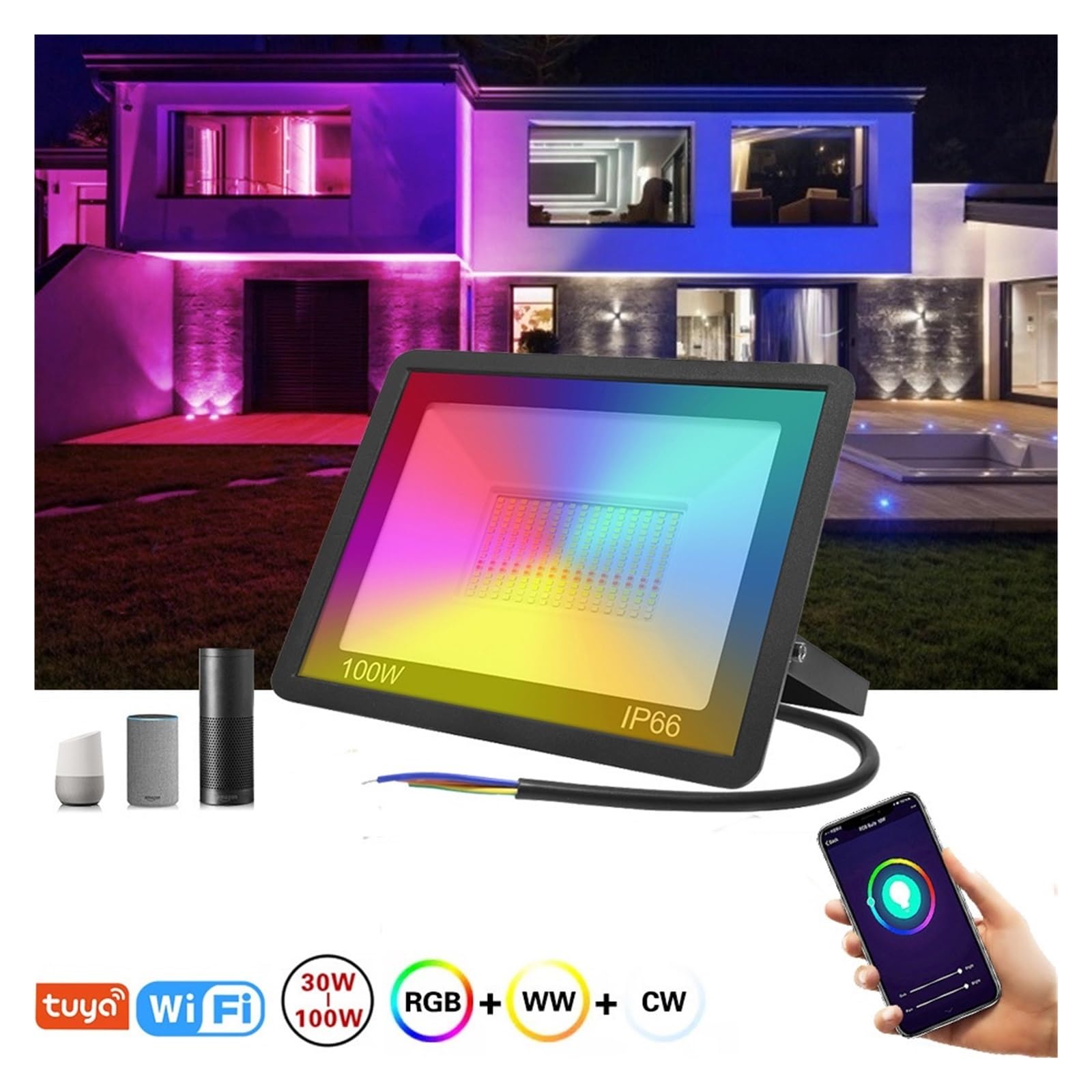 HA CONDOTTO LA Luce Di Inondazione Tuya Smart Proiettore Lampada Da Parete Faretto 30W 50W 100W APP Controllo Vocale Dimmerabile Illuminazione Esterna , Per Le Luci Ambientali Natalizie(100W)