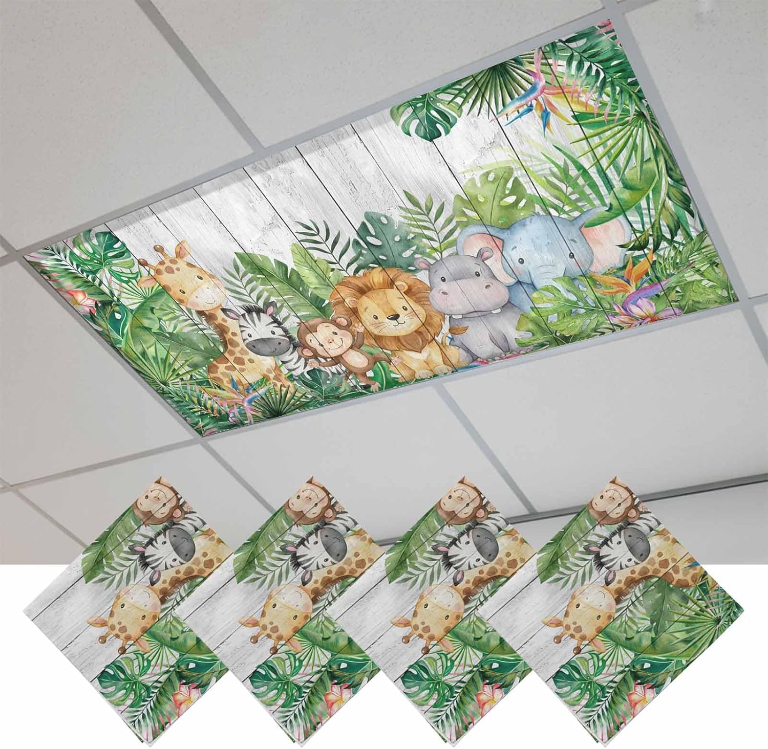 2x4 ft Fluorescent Light Cover for Ceiling Giraffe Zebra Monkey Lion Magnetic Light Filters, Animal Theme Tropical Plant Ceiling Lampshades for Home School Office 4Pcs