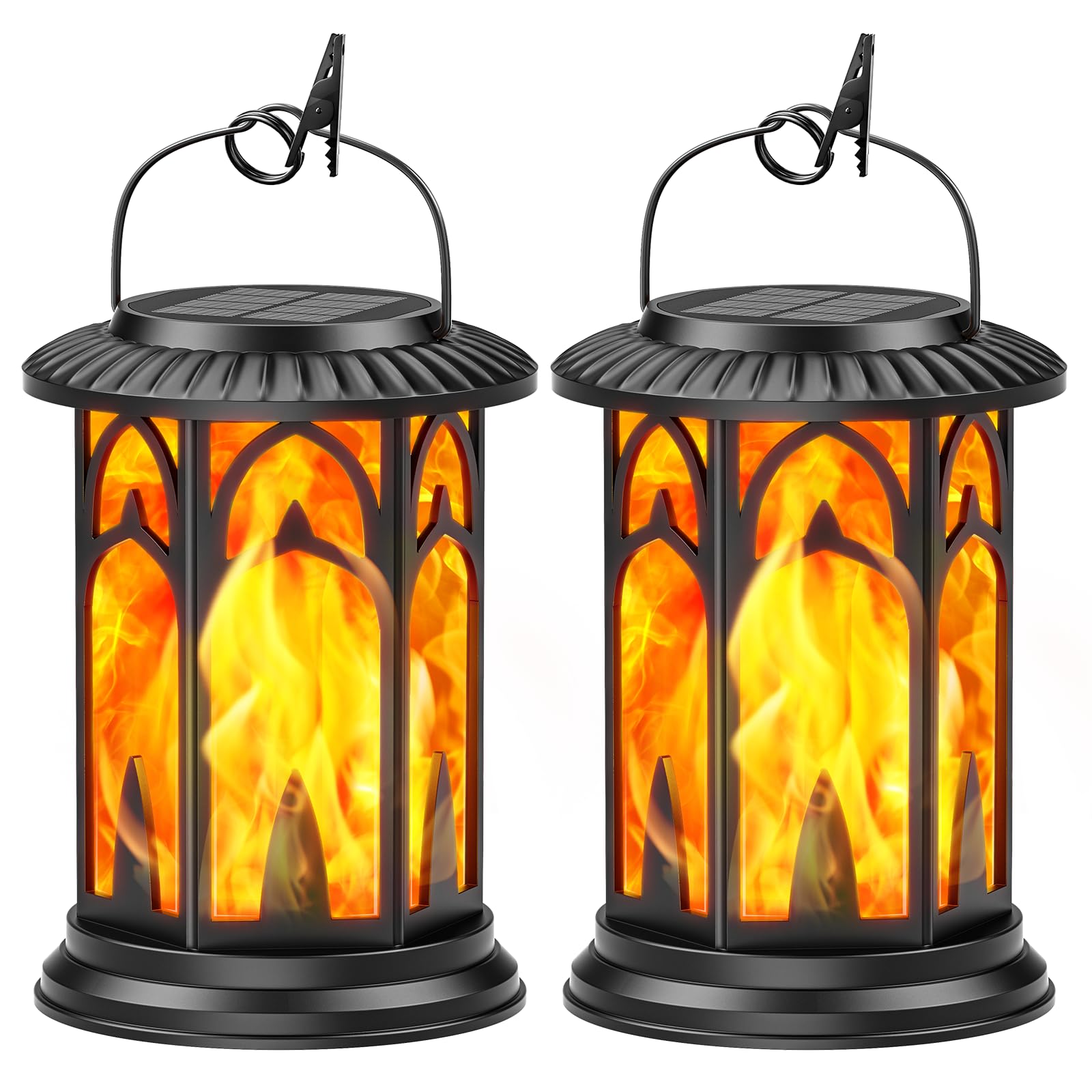 BUCASA Solarlampen für Außen Hängend, 2 Stück Vintage Solar Laternen für Draußen Fackeln, Solarleuchten für Außen mit Realistischen Flammeneffekt, Weihnachtslaterne Balkon Tisch Garten Halloween Deko