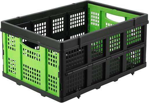 55L Collapsible Storage Crate Heavy Duty Foldable Plastic Milk Crate with Side Handles Stackable Containers for Food Drinks Books Tools Home Garage Car, Green