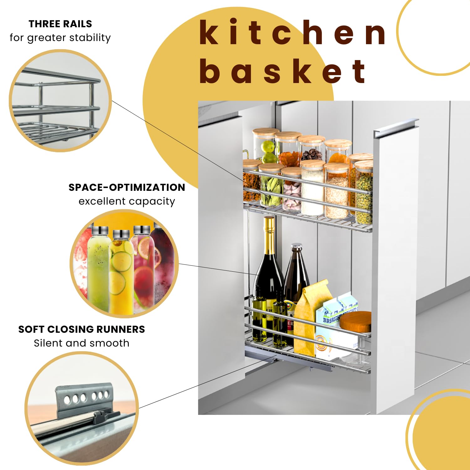 EVOTRADE Panier amovible de cuisine, chariot coulissant amorti en acier inoxydable, extraction totale, porte-bouteilles, bocaux, outils (pour module 15 cm)
