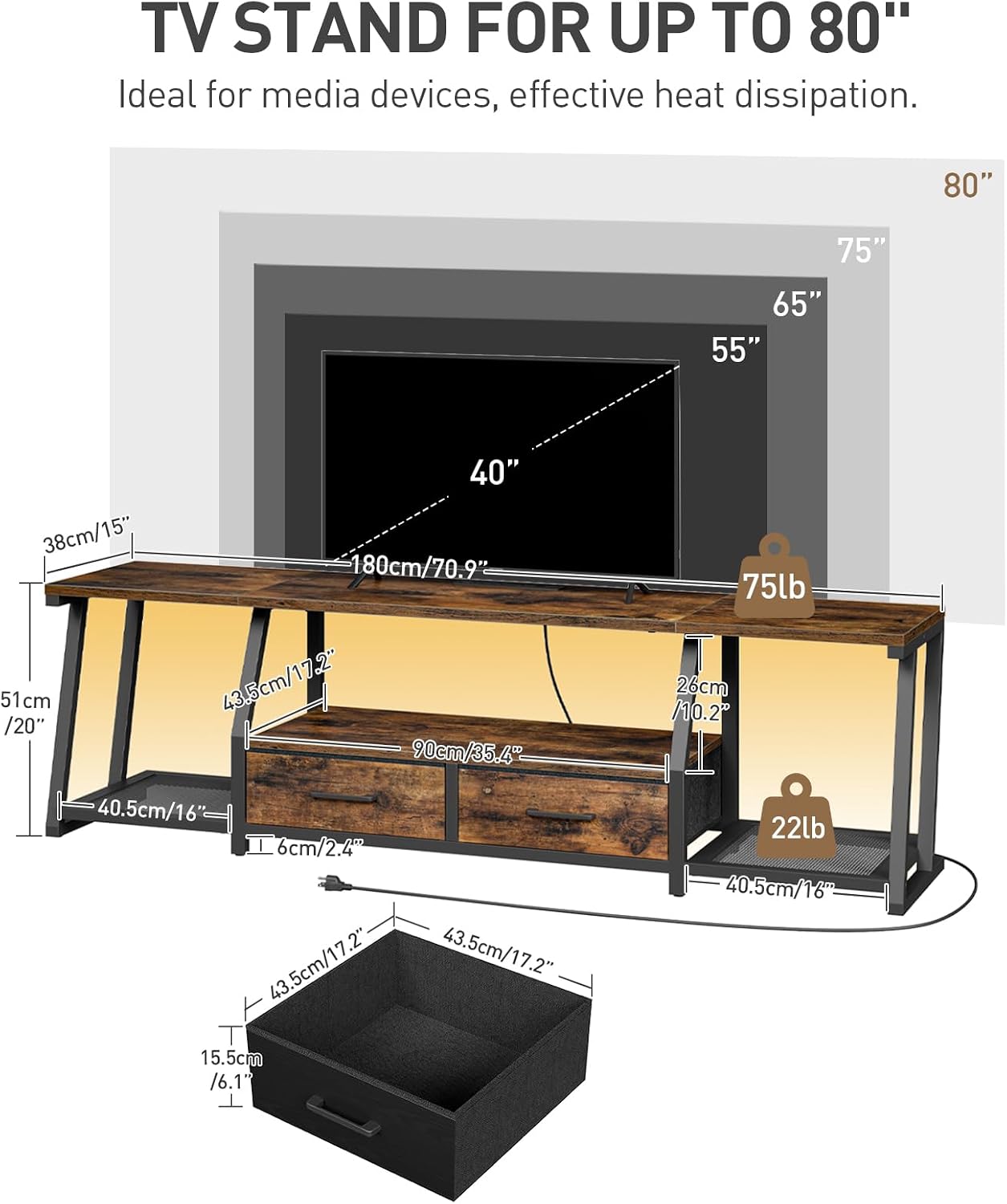 RALGEND LED TV Stand for 80 Inch TV, Entertainment Center with Open Shelves and Power Outlets, TV Console Table with Fabric Drawers, Media Console for Living Room, Bedroom, Rustic Brown and Black