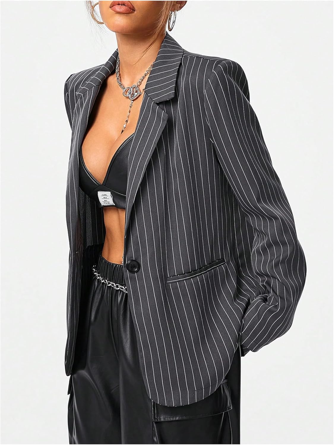 Floerns Women's Striped Long Sleeve Casual Blazers Lapel Neck Button Suit Jacket - Image 3