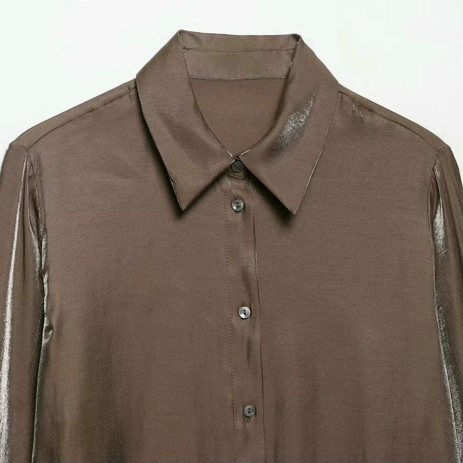 Chemisier Femme Chic et élégant Boutonné À Manches Longues pour Femmes, Chic, Marron, Fluide, Haut Féminin, Tenue Décontractée Élégante-comme Image-XS