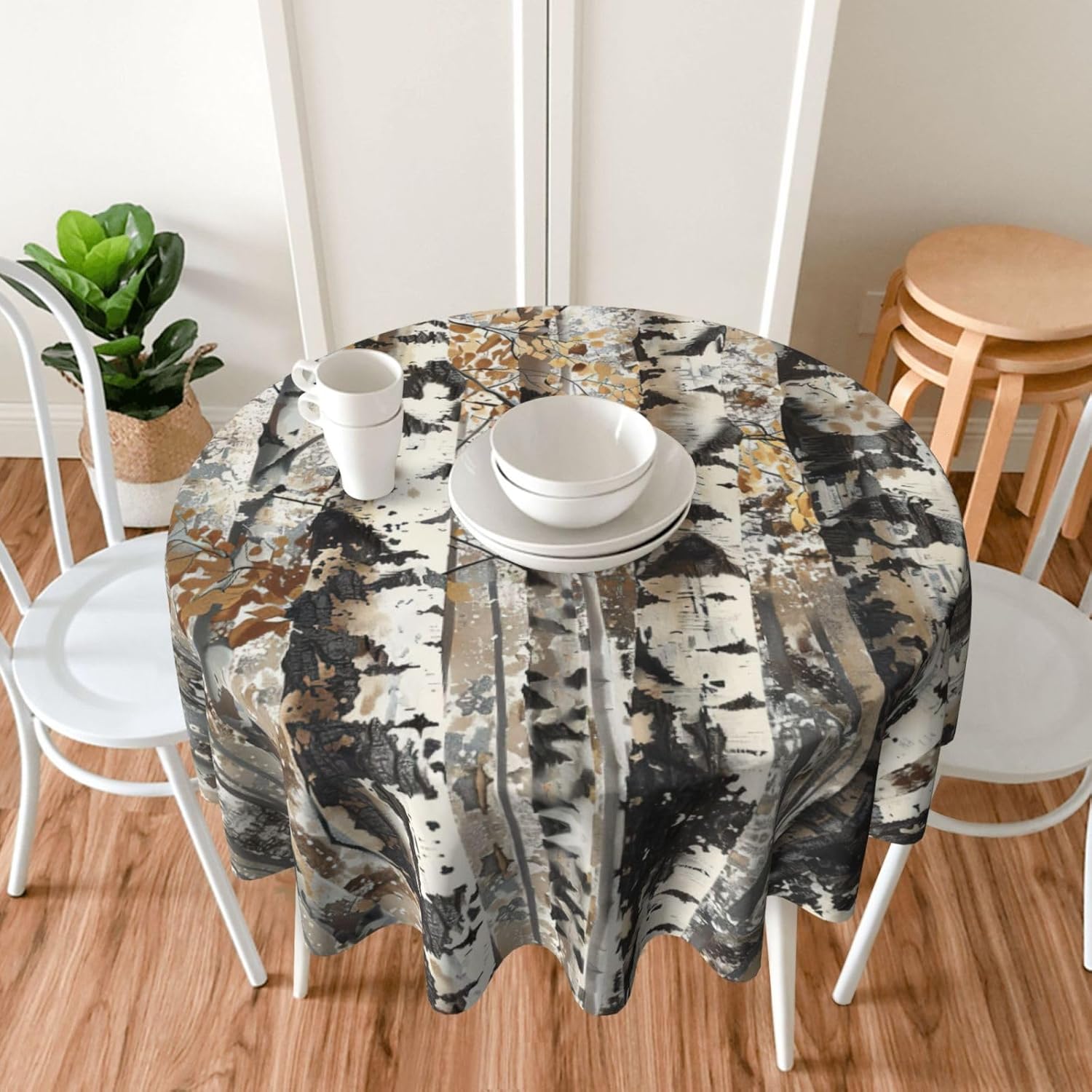 White Trees Camo Print Wrinkle Free Dining Table Cover for Birthday Party Farmhouse Tablecloths Up to 60 x 60 Inches