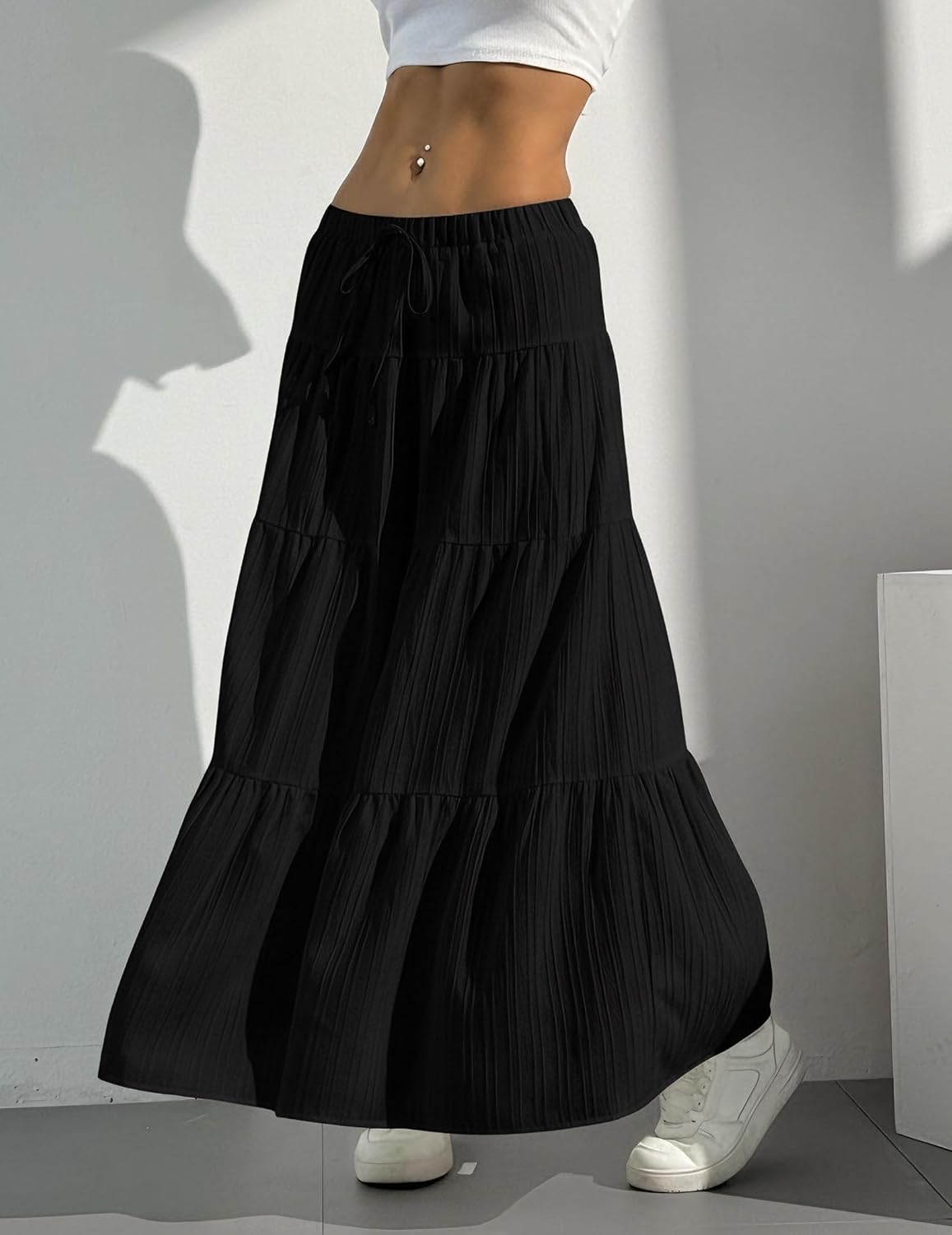 DERAX Women's Boho Flowy White Maxi Skirt Flared Ruffle Elastic Waist Summer A Line 2026 Spring Long Skirts - Image 4