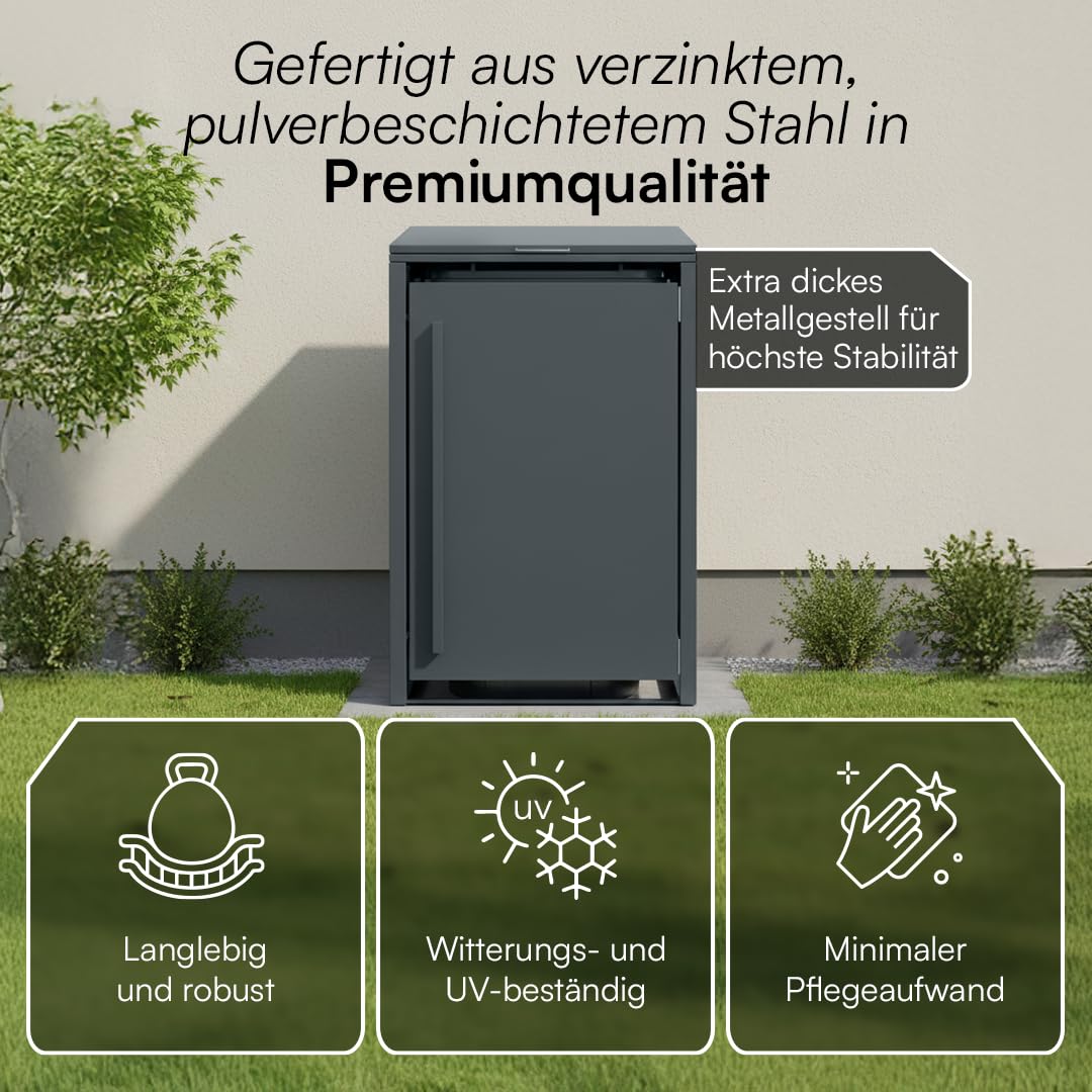 STEELSØN Xalara Mülltonnenbox 1er bis 240L – Mülltonnenverkleidung aus Stahl in Anthrazit – hochwertige Müllcontainer für 1 Tonne – Müllbox wetterfest – UV-beständige Gerätebox/Mülltonnen Box