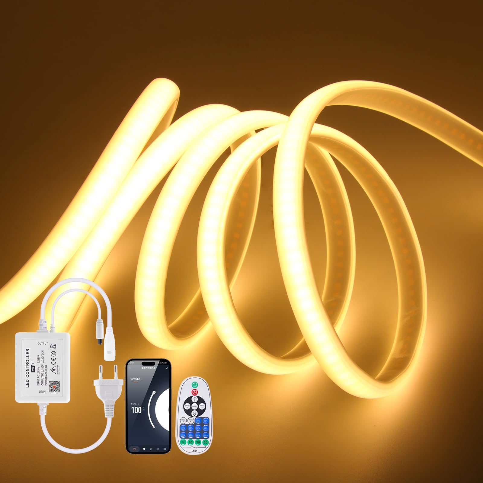 KISUFU Striscia 220v COB 288 Led/m, colla bifacciale impermeabile IP65 Striscia luminosa al neon Striscia luminosa a LED con Wifi Musica 23 tasti IR 750w Dimmer per la decorazione interna esterna