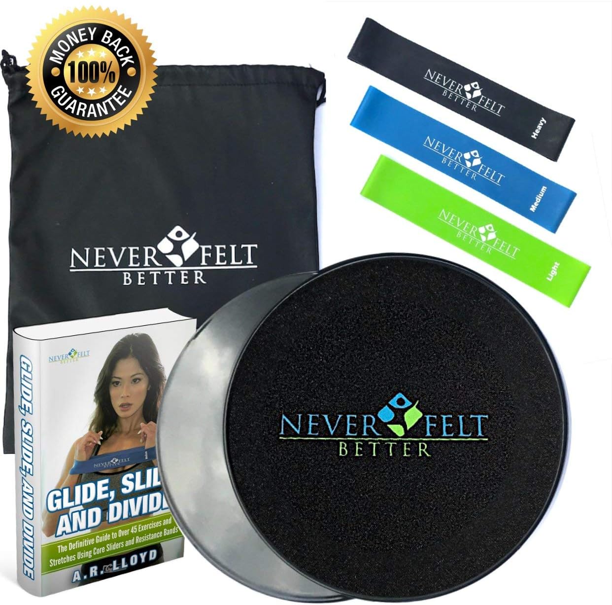 Premium Core Sliders, 3 Resistance Bands, Fitness Carry Bag | Gliding Discs for 80 Day Obsession Ab Workouts - Dual-Sided for Any Surface | Exercise Loops for Stretching Physical Therapy