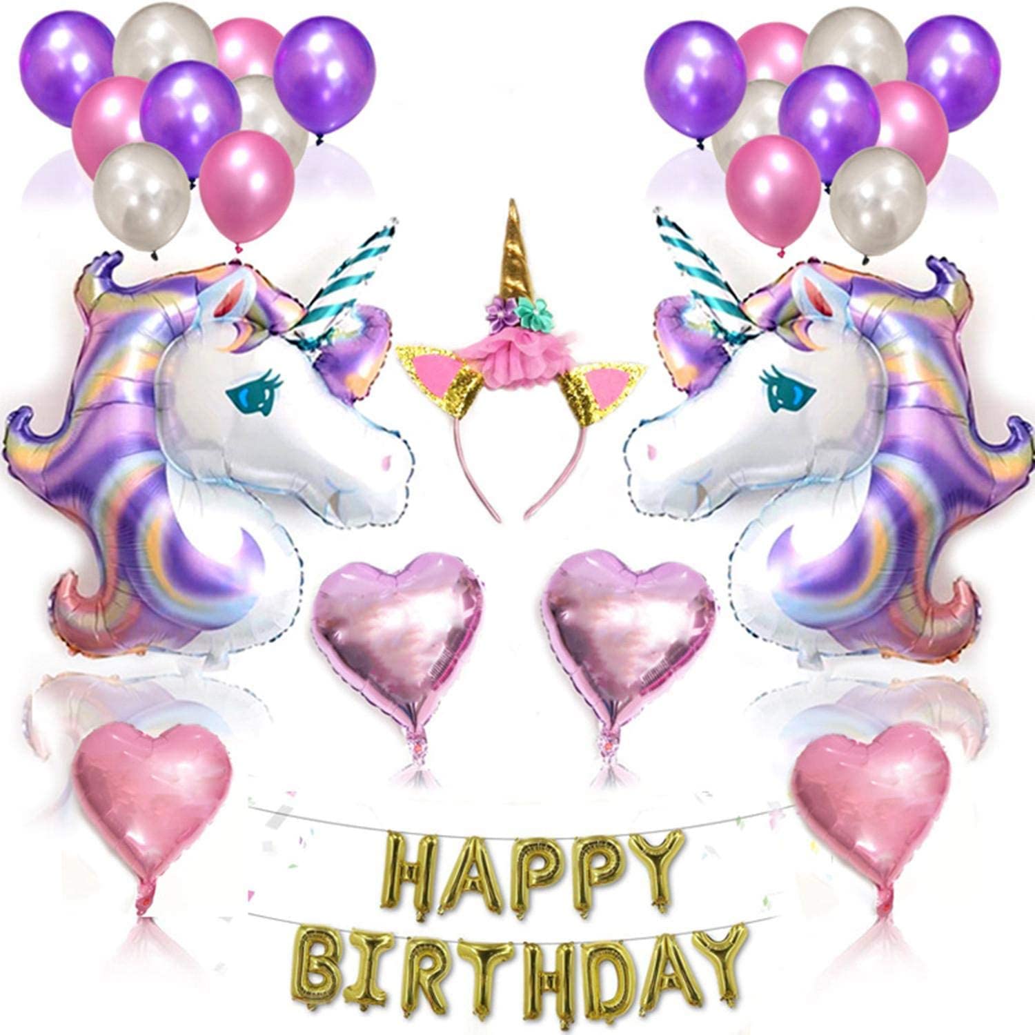 Beauenty Unicorn Birthday Party Supplies Set, Glitter Unicorn Headband Unicorn Balloons Gold Happy Birthday Banner Latex and Foil Balloons Decorations Kit for Girls