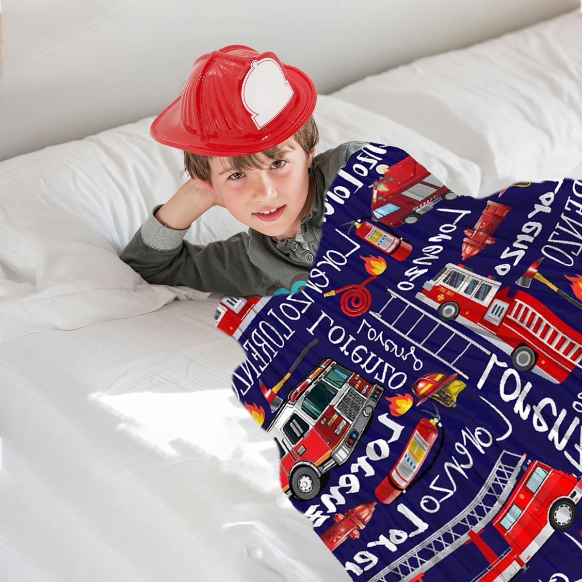 Personalized Fire Engines Truck Custom Fleece Flannel Gift Blanket with Name Lightweight Soft Throw Blanket Cute Cozy Blanket for Bed Couch Travel Outdoor 40''x 50'' for Kids/Child