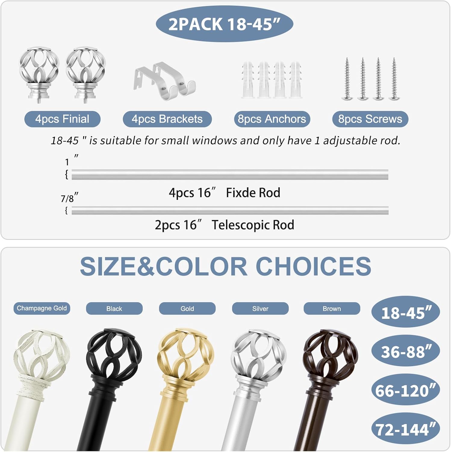 Silver Decorative Farmhouse Curtain Rods 2Pack:18-45"Adjustable Heavy Duty Single Window Curtain Rod for Bedroom Living Room,Silver Boho Rustic Drapery Rod with Vintage Twist Finial Easy Install