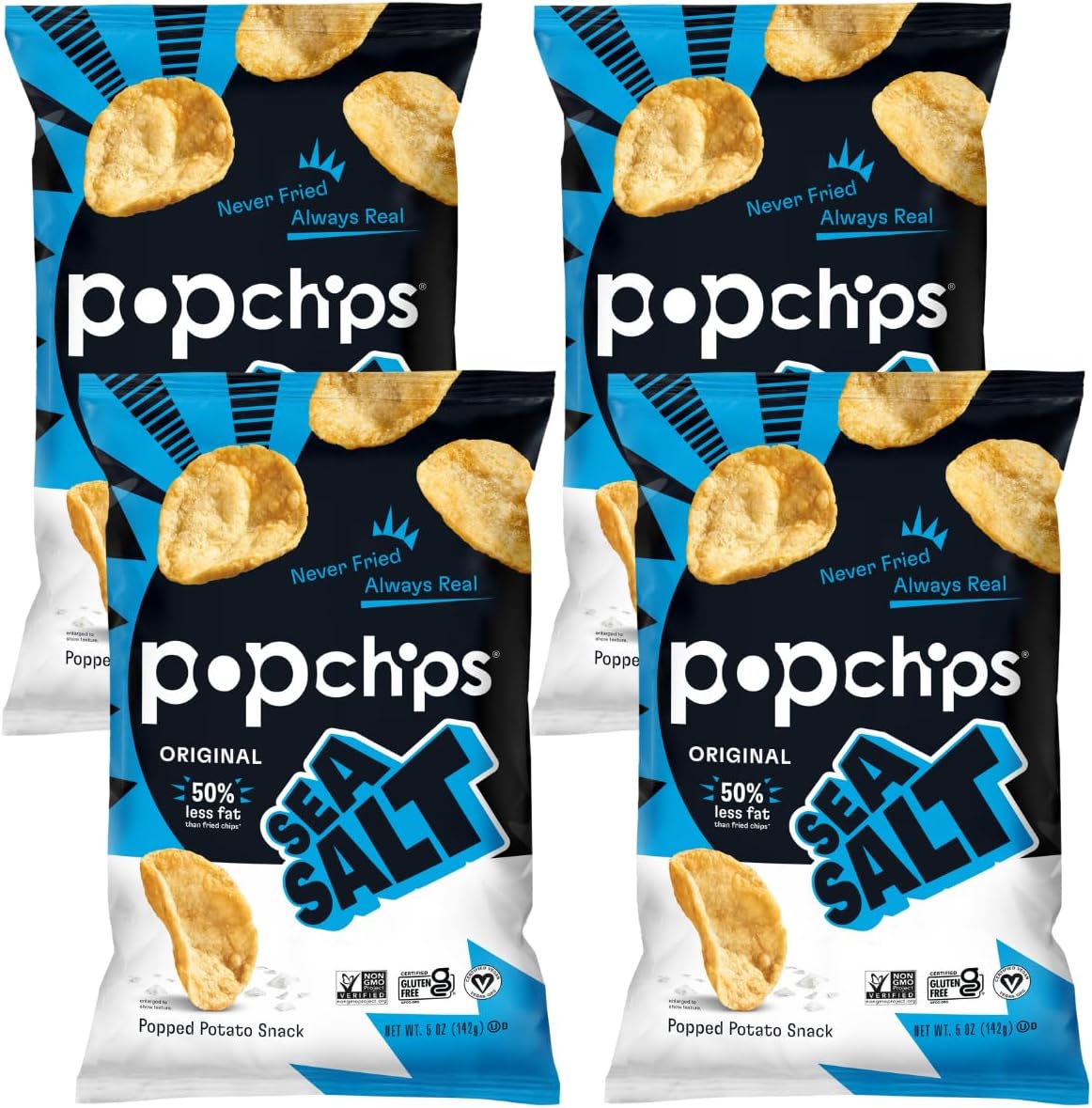 Popchips Potato Chips, Sea Salt, 4ct 5.0oz Share Bags, Low-Calorie and Gluten Free, Salty Snacks for Adults and Children, Non-GMO, Vegan & Kosher Friendly, 130 Calories Per Serving