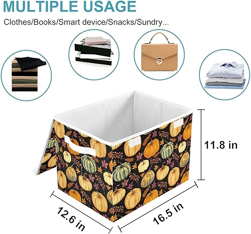 Miniatura 2 de CaTaKu Calabazas de hojas de otoño contenedores de almacenamiento con tapas y asas, contenedor de almacenamiento grande de tela con tapa, cajas de