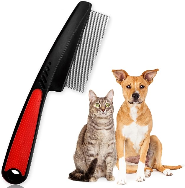 ExceLife Flea Comb for Dogs Cats, Rubber Handle Dog Hair Comb Stainless Steel Grooming Brushes for Removing Tear Stains, Fleas, Dandruff, Lice (Red)
