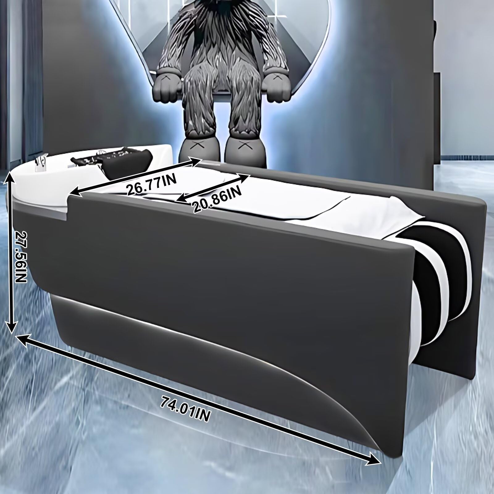 Professionelles Salon-Shampoo-Bett mit Keramikbecken und Massageliege, Design aus schwarzem Glas und Stahl, Kopf-Spa-Ausstattung und Kosmetikliege für vielfältige Zwecke