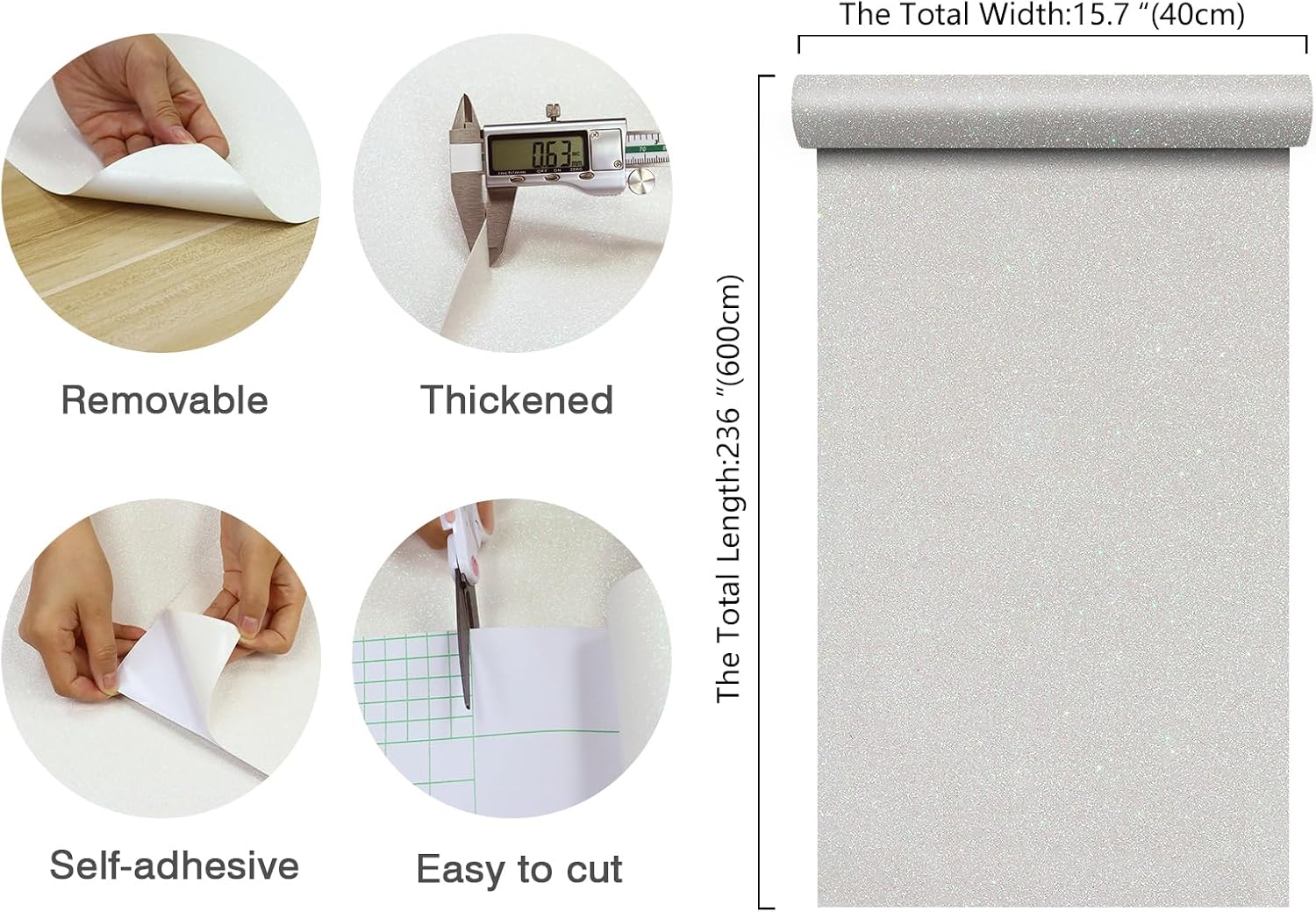 CHIHUT Off White Glitter Wallpaper for Bedroom 15.7''x236'' Self Adhesive Sparkle Shiny White Glitter Contact Paper Removable Textured Fabric Wall Paper Roll for Shelf Liner Dresser Room Decoration