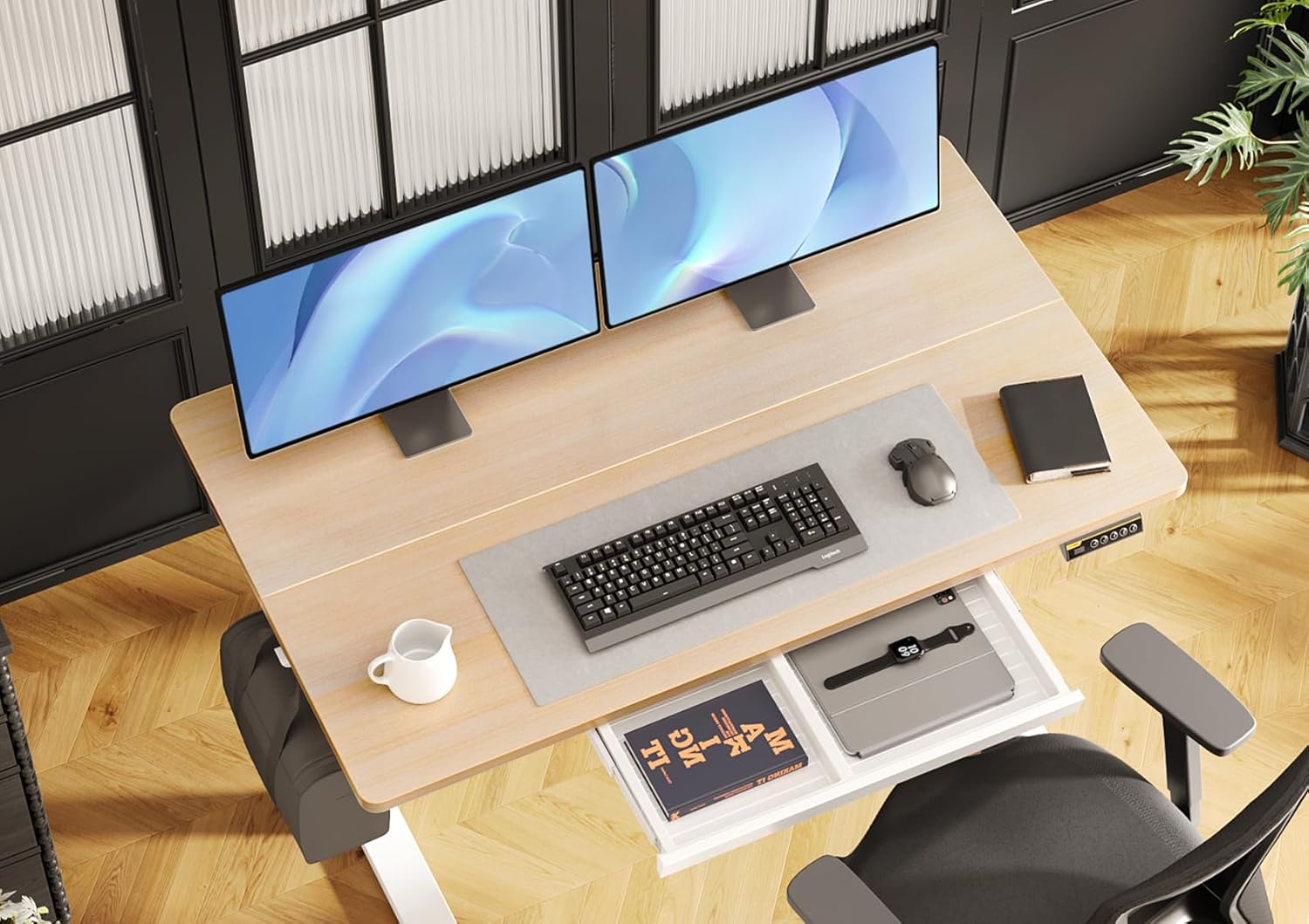 Claiks Standing Desk with Drawers, 48x24 Inch Stand Up Electric Adjustable Height Sit Stand Desk for Computer Workstation, Natural