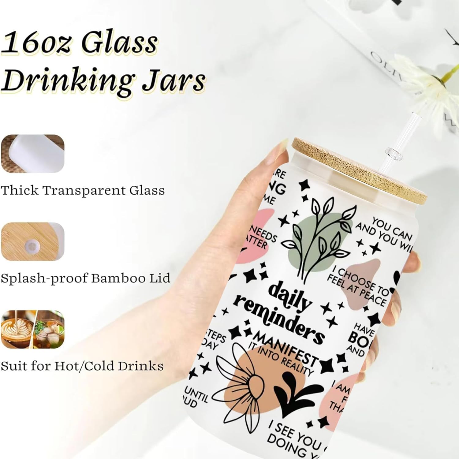 AGH 1Pack Can Glass Cup with Bamboo Lids and Platic Straw 16OZ Drinking Glass for Iced Coffee,Soda,Frosted Beer Glasses Smoothie Cup for Christmas Gift - Image 4