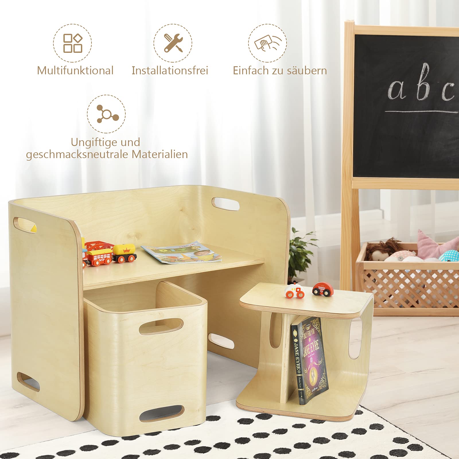 GOPLUS Kindersitzgruppe aus Birkenholz, Multifunktionsmöbel inkl. 1 Tisch und 2 Stühle für Kinder, Keine scharfen Ecken, platzsparend, Kindermöbel für Kindergarten und Kinderzimmer