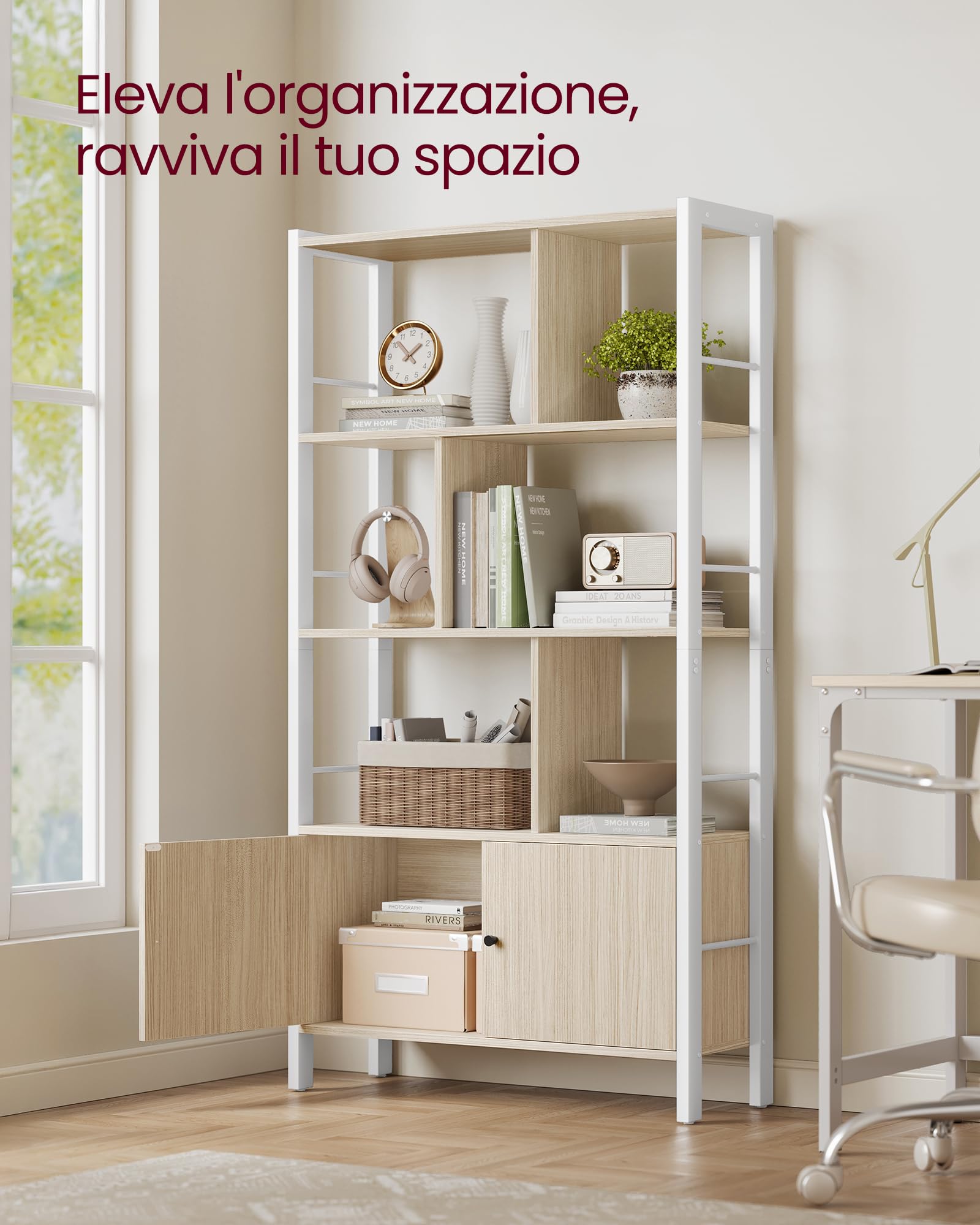 VASAGLE Libreria, Scaffale Portaoggetti, Libreria Verticale a 4 Ripiani, Mobile per Salotto Studio Ufficio Cucina, Struttura in Acciaio, Stile Moderno, Beige Naturale e Bianco Nuvola LBC022LL01