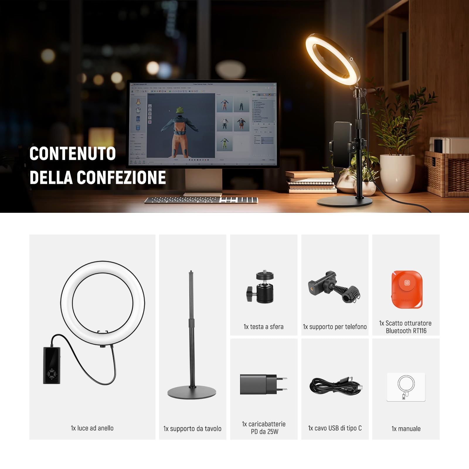 NEEWER 8" 18W Ring Light da Tavolo per Telefono, Ring Light per Selfie a Cerchio per iPhone Streaming Vlogging Recording, Kit Illuminazione per Videoconferenza per Computer Portatile Zoom Call, RH8B