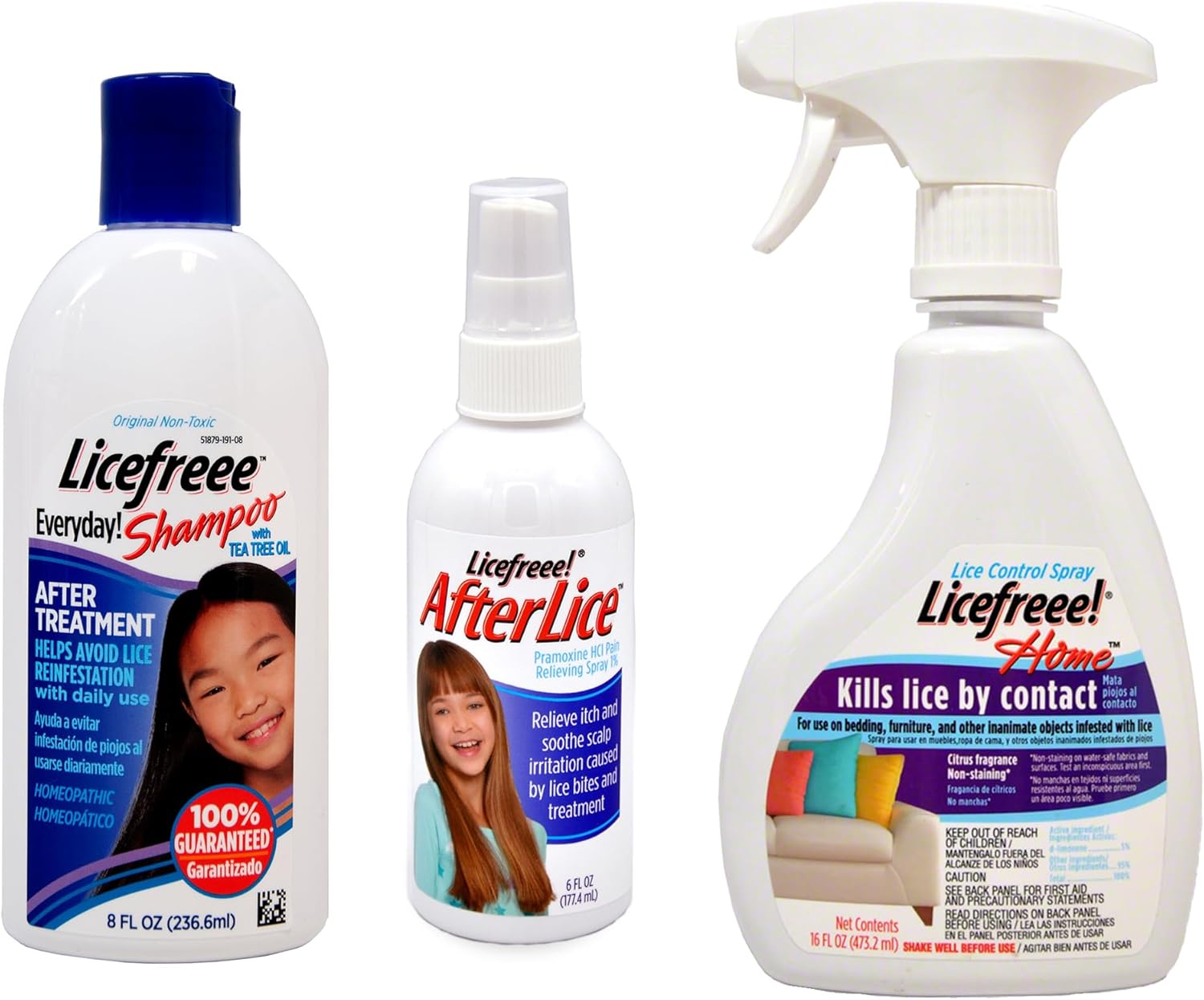 Licefreee Everyday Shampoo 8oz, Afterlice Spray 6oz, and Licefreee Home Spray 16oz Bundle for Lice and Prevention and Helps Avoid Reinfestation