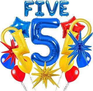 20pcs Cartoon Hedgehog Themed Party Decorations, Number 5 Red Blue Yellow Lightning Mylar Foil Birthday Balloons, 5th Boys Birthday Party Decorations Supplies (Number 5)