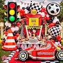 Party Warehouse Racing Car Theme Birthday Decoration Set-XXL Gas Standee Pump Balloon,Car,Traffic Signal,Tyre,Checkered Flag & Cone Foil Balloon|Car Theme Party|Boys Birthday Racing Party Decor-37 Pcs gallery image